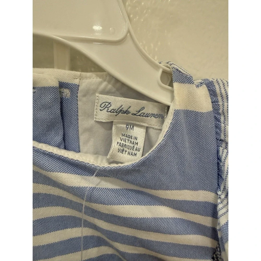 Ralph Lauren Baby Girls 9M Blue White Striped Ruffle Sleeve Dress NWT